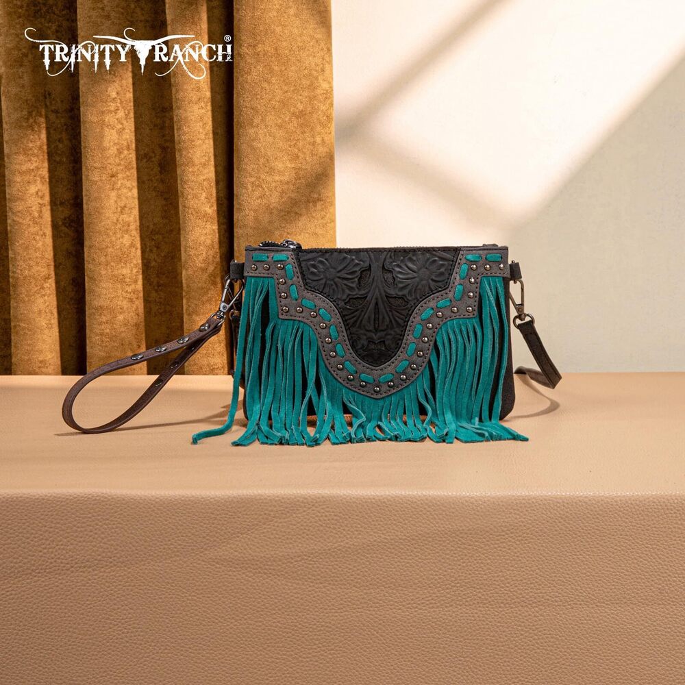 2799 Floral Crossbody Bags Western Tooled Fringe with Antique Silver Studs - Picture 3 of 6